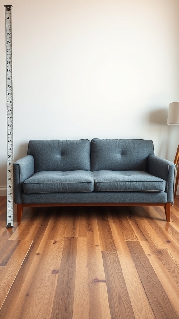 A click-clack sofa bed with a measuring tape next to it, emphasizing the importance of size and footprint in choosing furniture.