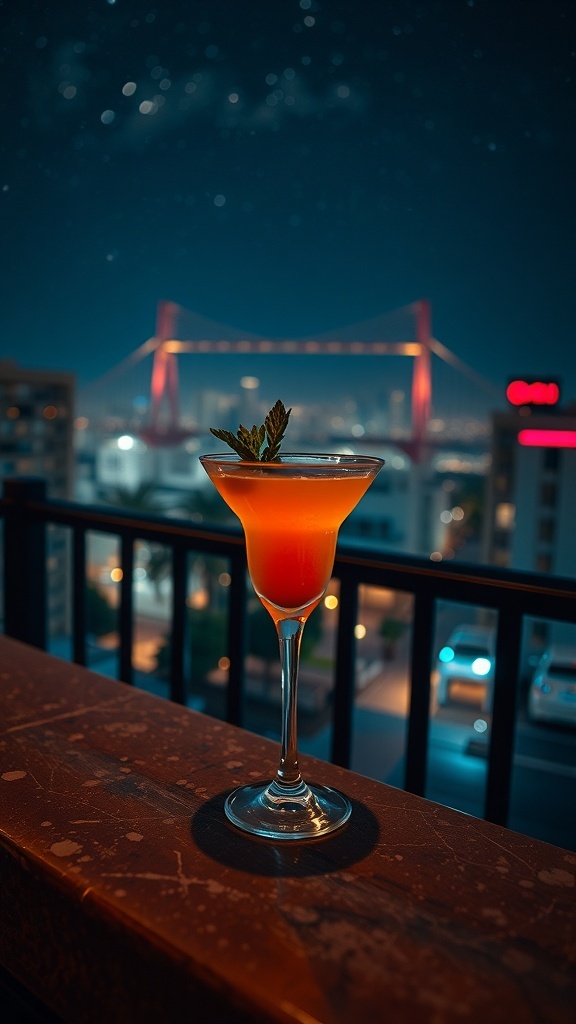 A cocktail glass on a wooden bar ledge with a city view at night.