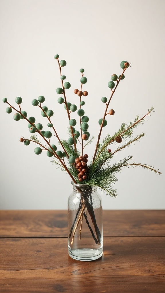 A glass vase filled with green berries and pine branches on a wooden table.