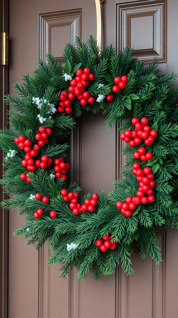 A beautiful evergreen wreath adorned with red berries, hanging on a brown door.
