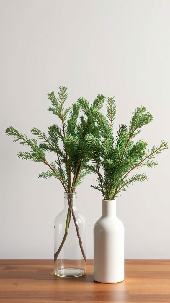 Two vases with evergreen branches on a wooden table.