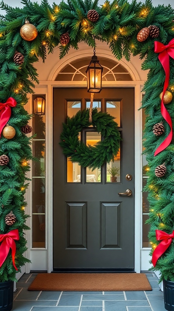 A beautifully decorated entryway with evergreen garlands, ribbons, pinecones, and warm lights.