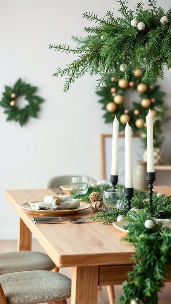 A minimalist holiday table with an evergreen garland, taper candles, and a matching wreath on the wall.