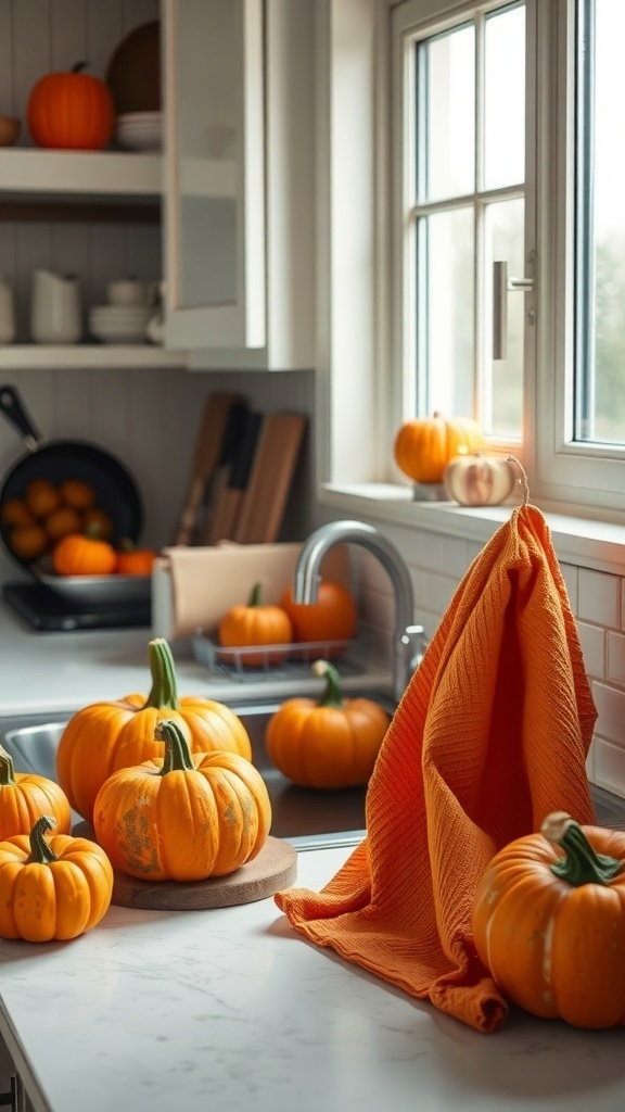A cozy kitchen scene featuring pumpkin-themed cotton towels and decorative pumpkins.