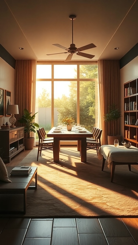 A dining room with large windows letting in warm sunlight, featuring a wooden dining table and cozy furnishings.