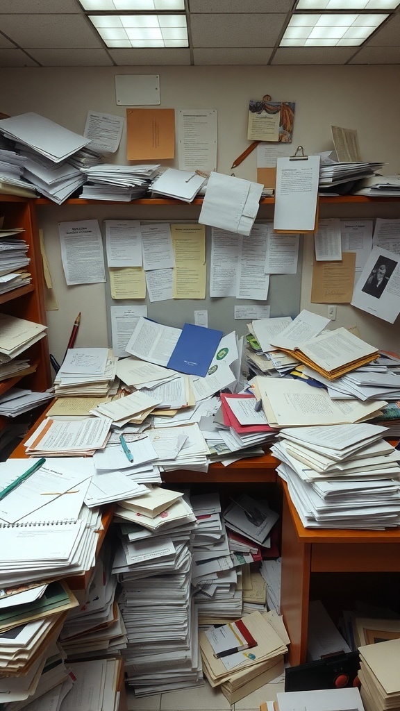 A cluttered workspace filled with piles of paperwork and documents.