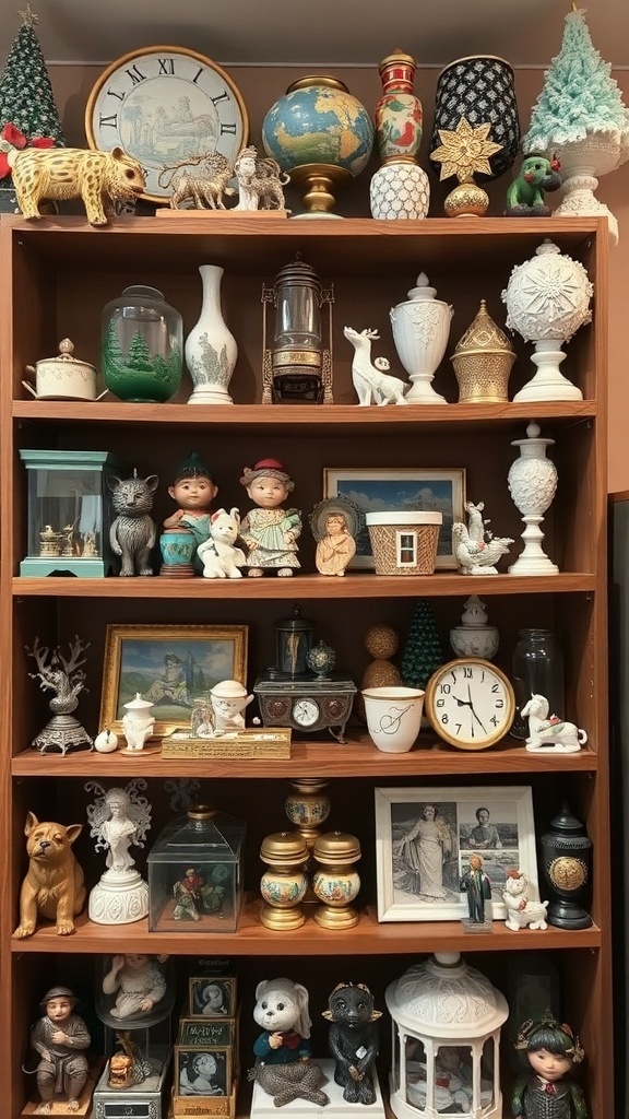 A cluttered shelf filled with various decorative items including figurines, clocks, and vases.