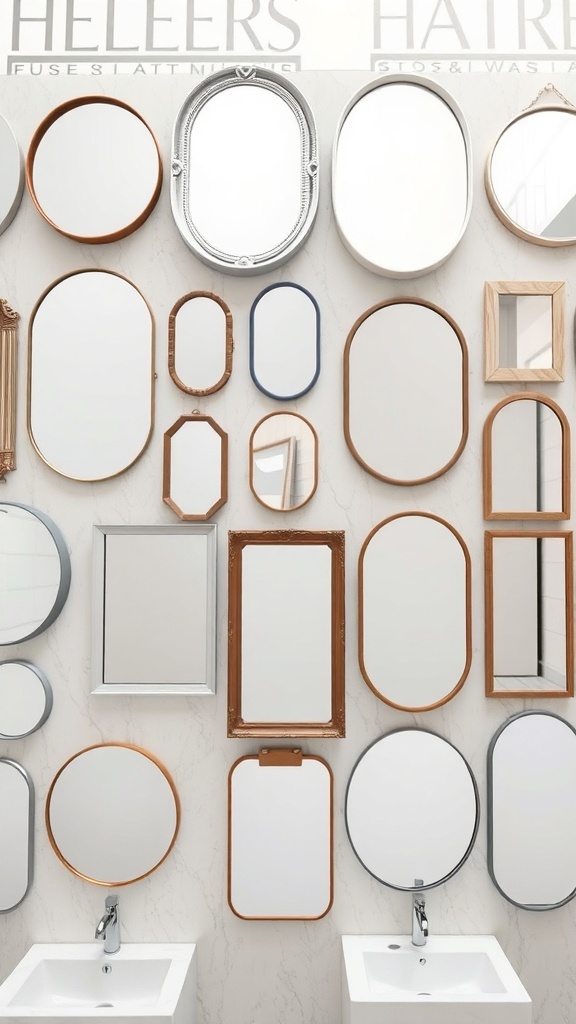 A collection of various shaped and styled bathroom mirrors displayed on a wall.