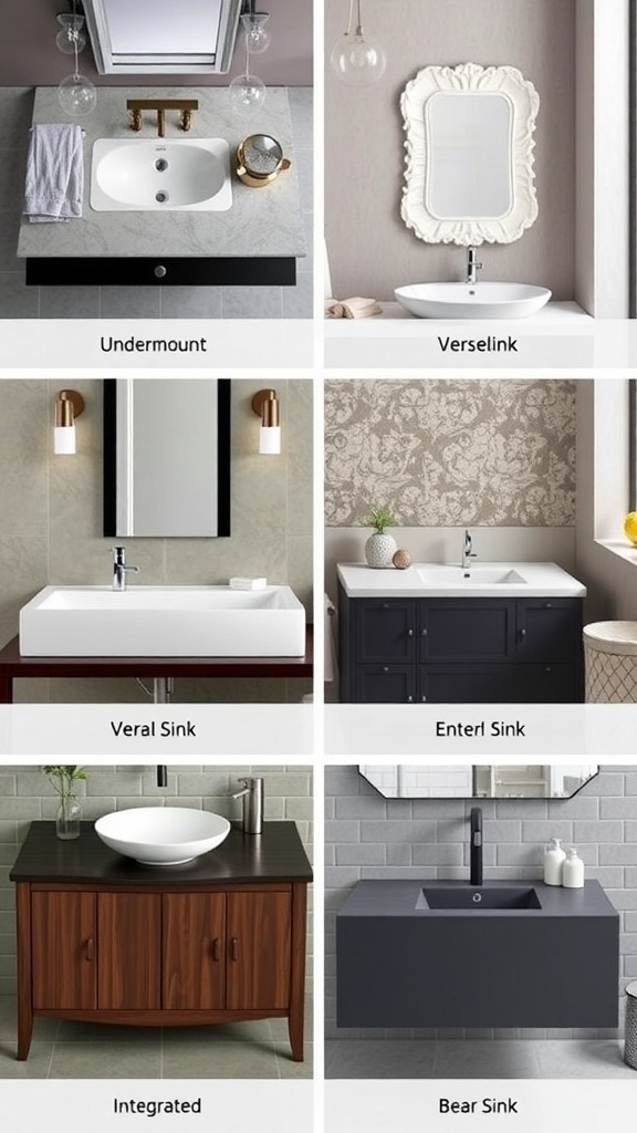 Various sink styles displayed in a grid format, showcasing different shapes and designs for bathroom sinks.