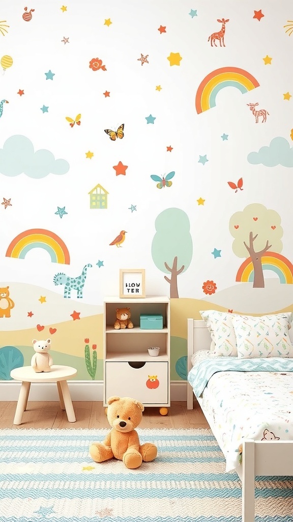 Colorful mural wallpaper featuring animals, rainbows, and stars in a kids' bedroom.