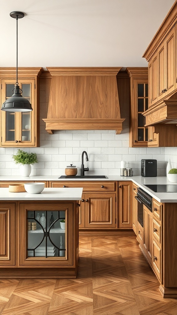 A kitchen featuring rich wood cabinetry, white countertops, and black fixtures, showcasing timeless kitchen colors.