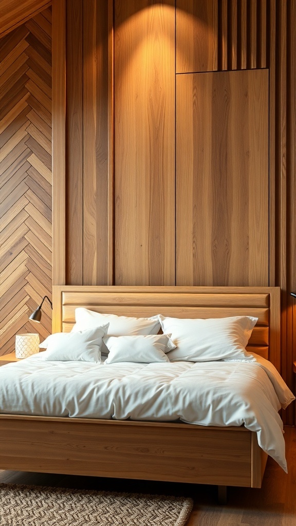 A beautifully designed bedroom featuring a wooden panel wall with chevron patterns and a cozy bed.