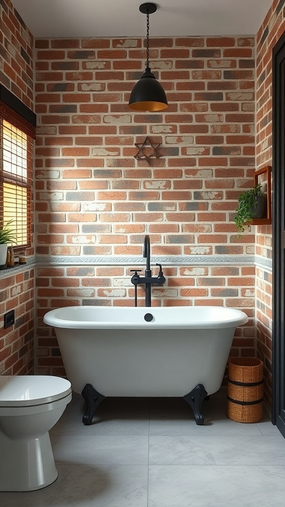 A stylish bathroom featuring an exposed brick accent wall, white bathtub, and modern fixtures.