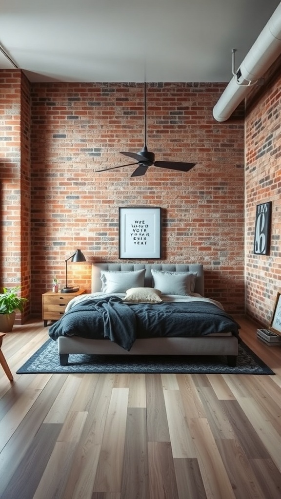 A stylish loft bedroom featuring exposed brick walls, a modern bed, and warm wooden flooring.