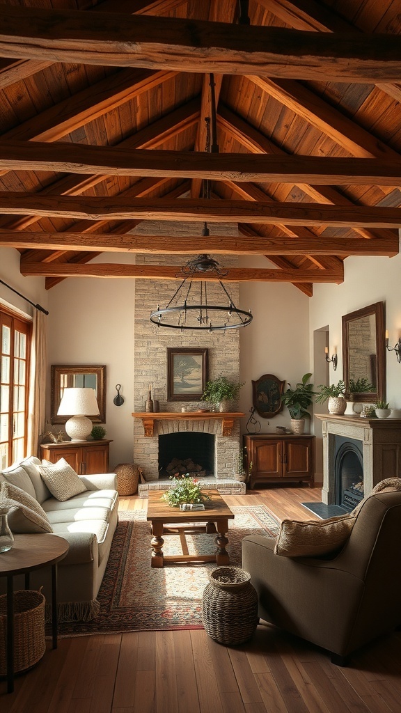 A cozy living room featuring exposed wooden beams, a stone fireplace, and comfortable furniture.