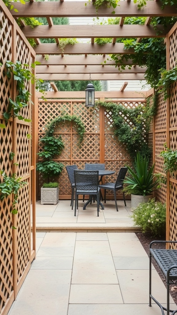A cozy patio area with wooden lattice panels and greenery, providing a private outdoor space.