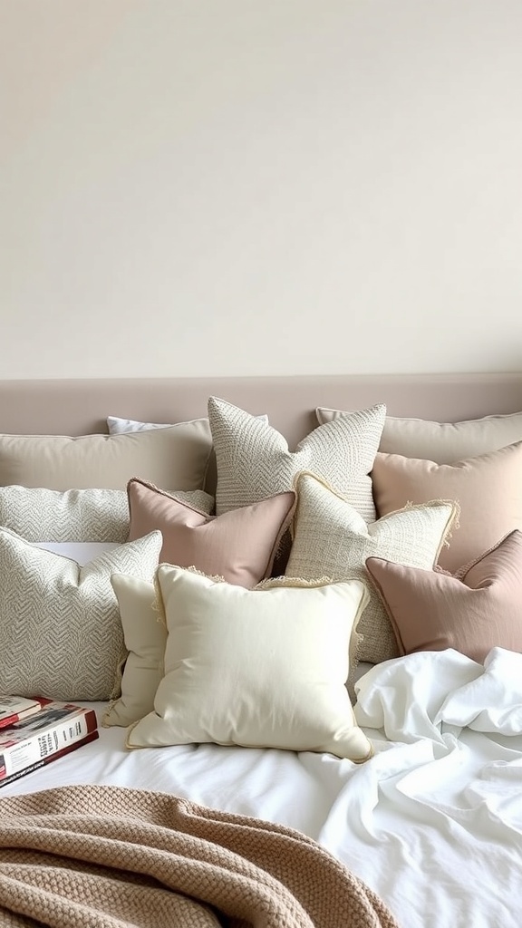 A cozy bed with a variety of pillows in soft colors and textures, inviting warmth and comfort.