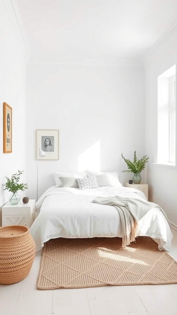 Bright bedroom featuring Extra White paint, light bedding, and natural elements.