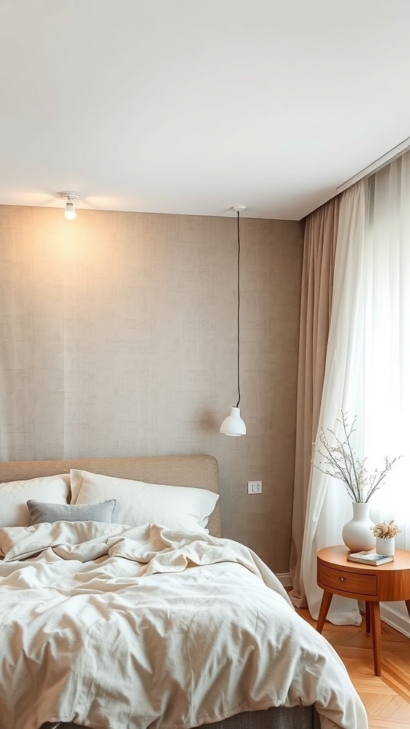 A serene bedroom with a fabric-wrapped wall, soft bedding, and natural light.