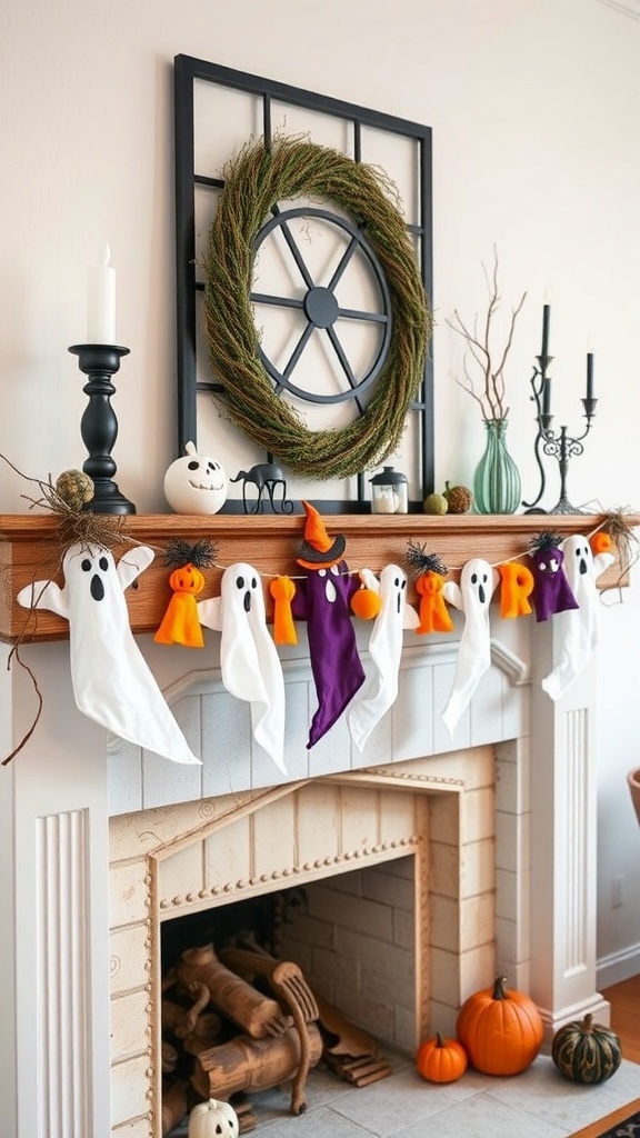 A cozy fireplace decorated with a fabric ghost garland, pumpkins, and candles for Halloween.
