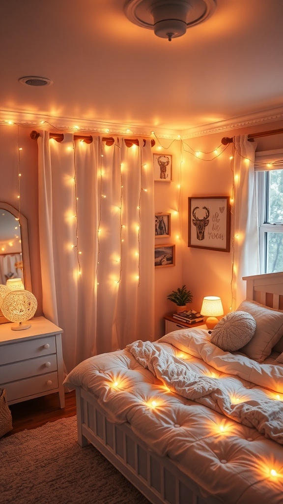 A cozy bedroom with warm orange fairy lights and a bedside lamp, creating a welcoming atmosphere.