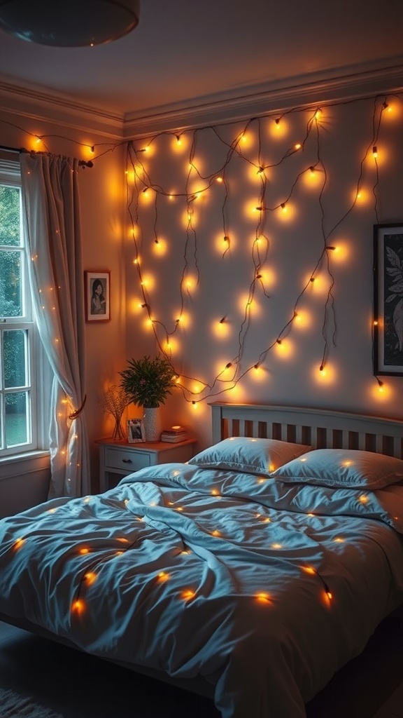 A cozy bedroom with fairy lights draped on the walls, creating a warm and inviting atmosphere.