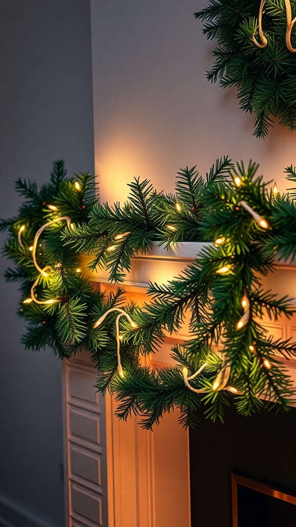A beautifully decorated mantel with evergreen garland and fairy lights.