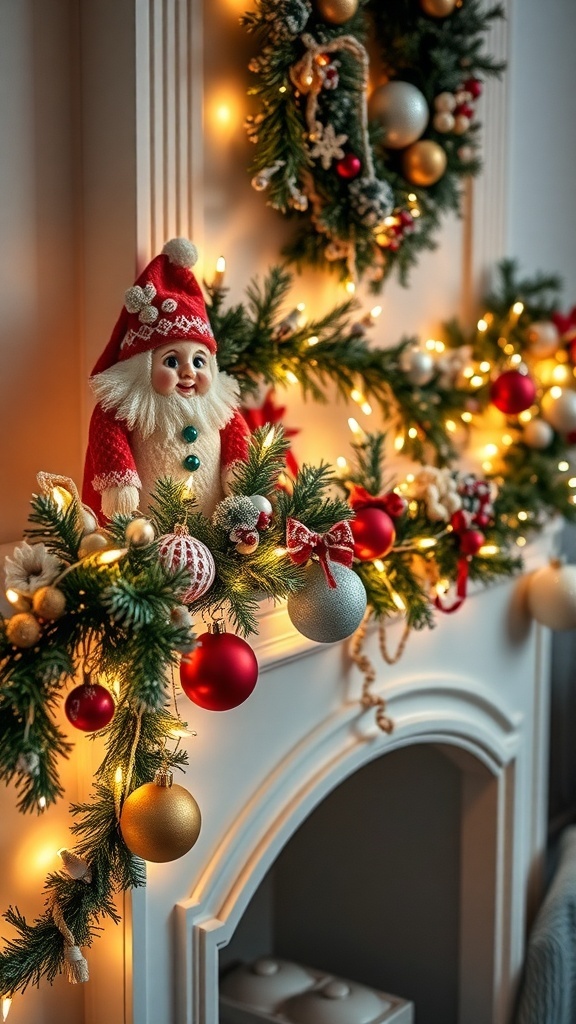 A decorated mantel with fairy lights, a Santa figure, and festive ornaments.
