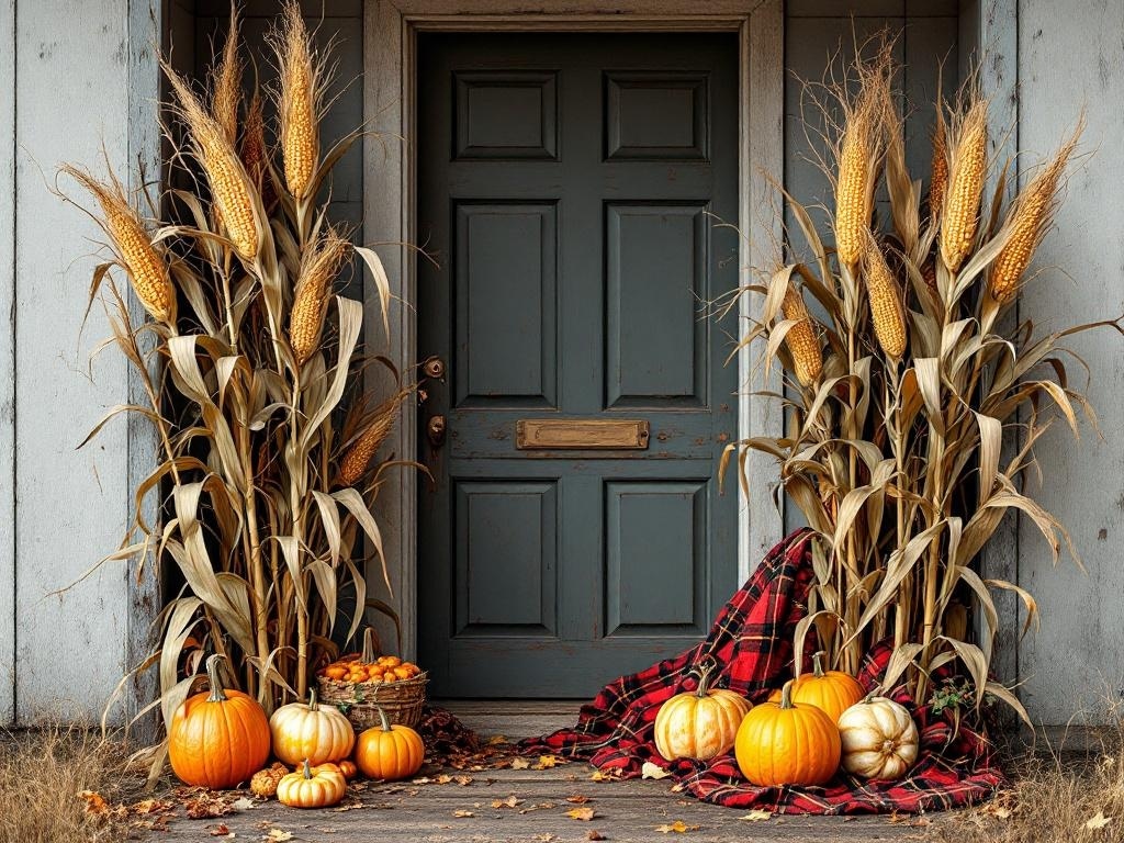 A cozy fall-themed front door decor featuring corn stalks, pumpkins, and a plaid blanket.