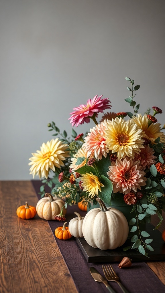A vibrant fall floral arrangement featuring dahlias, eucalyptus, and mini pumpkins on a wooden table.