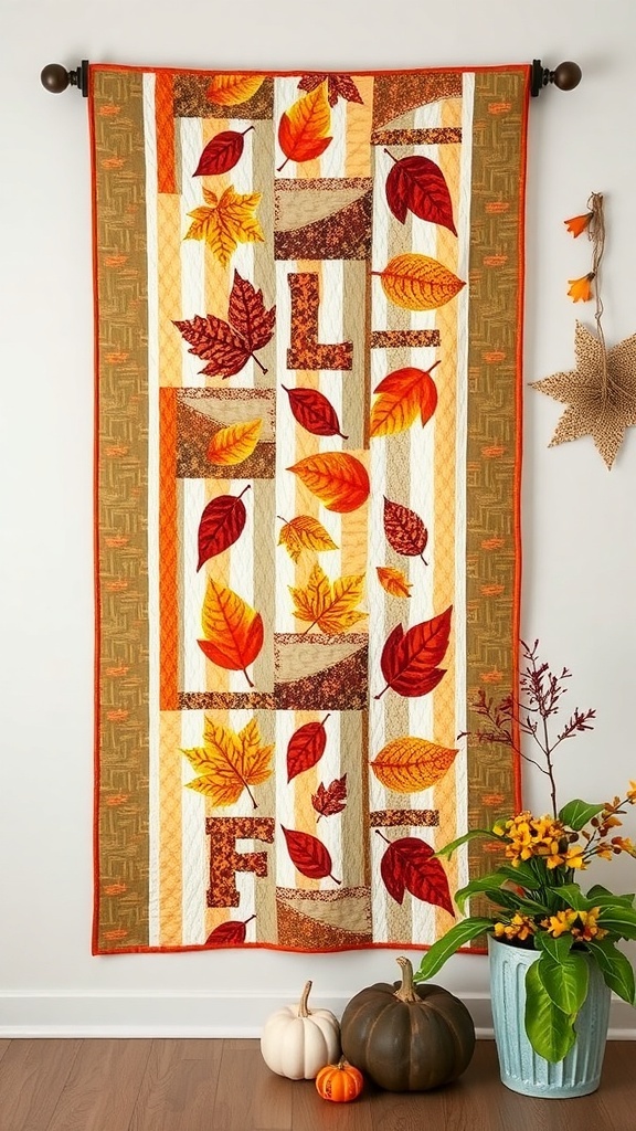 A quilt featuring colorful autumn leaves in warm tones, displayed on a wall with pumpkins and a plant nearby.