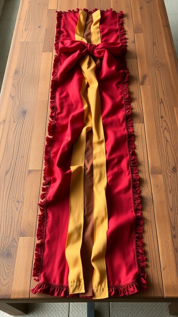 A quilted table runner featuring strips of red, gold, and brown fabric, laid out on a wooden table.