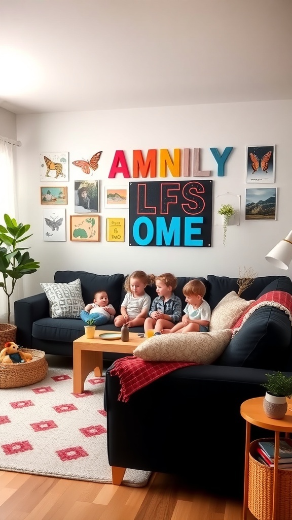A family-friendly living room featuring a black sofa with children sitting on it, colorful wall art, and a cozy rug.