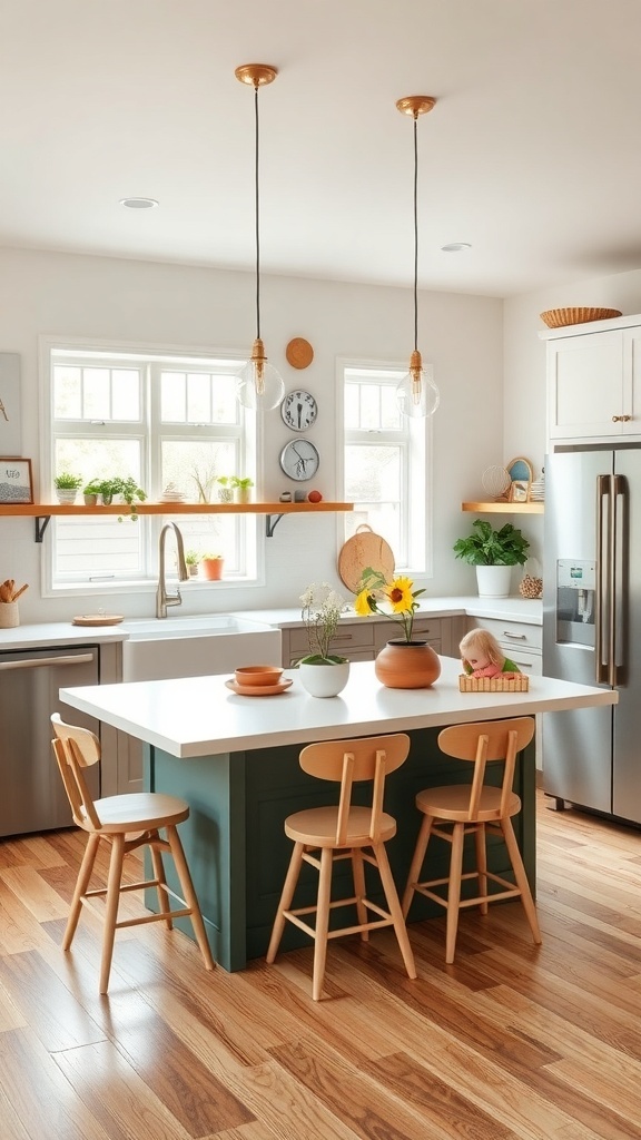 A bright kitchen with a family-friendly island featuring a white countertop and green base, surrounded by wooden stools and cheerful decor.
