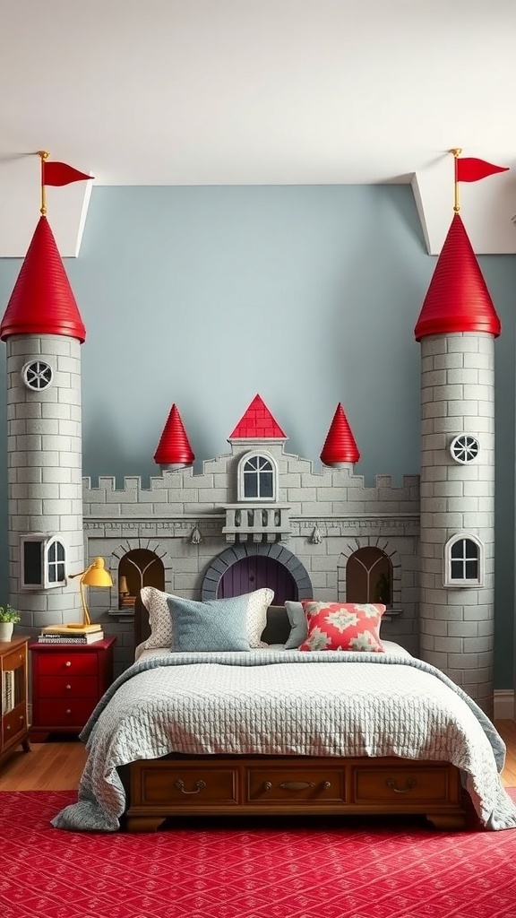 A children's bedroom featuring a Fantasy Castle Bed with red towers and a castle backdrop.
