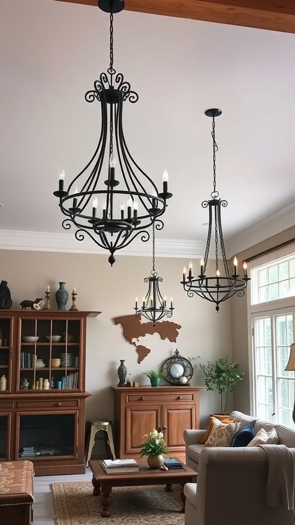 Farmhouse-style lighting with wrought iron chandeliers in a cozy living room.