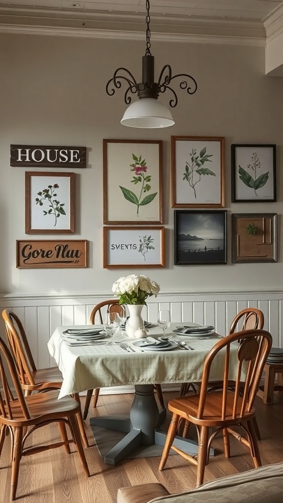A modern farmhouse dining room featuring a round table set with a linen tablecloth, surrounded by wooden chairs. The wall displays a collection of framed botanical prints and rustic signs, creating a cozy and inviting atmosphere.