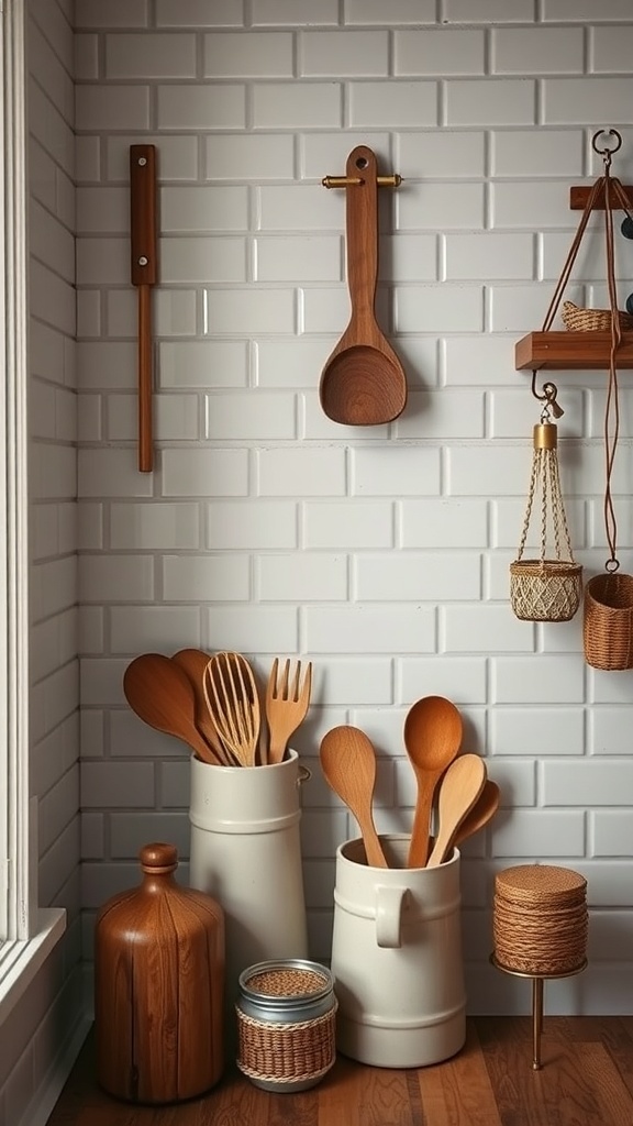 Farmhouse kitchen corner with subway tile and wooden utensils.