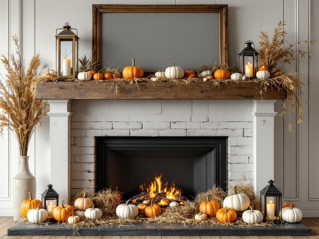 A cozy farmhouse chic Halloween fireplace mantel decorated with pumpkins, lanterns, and dried flowers.