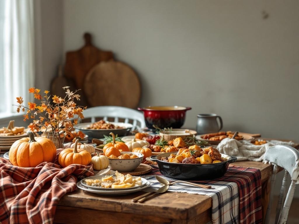 A rustic dining table set for a Farmhouse Harvest Feast, featuring pumpkins, seasonal dishes, and a cozy plaid tablecloth.
