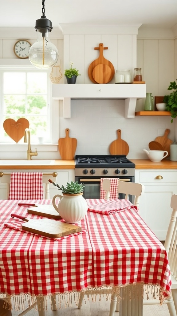 A cozy farmhouse kitchen decorated for Valentine's Day with a red and white gingham tablecloth, wooden cutting boards, and heart-shaped decor.