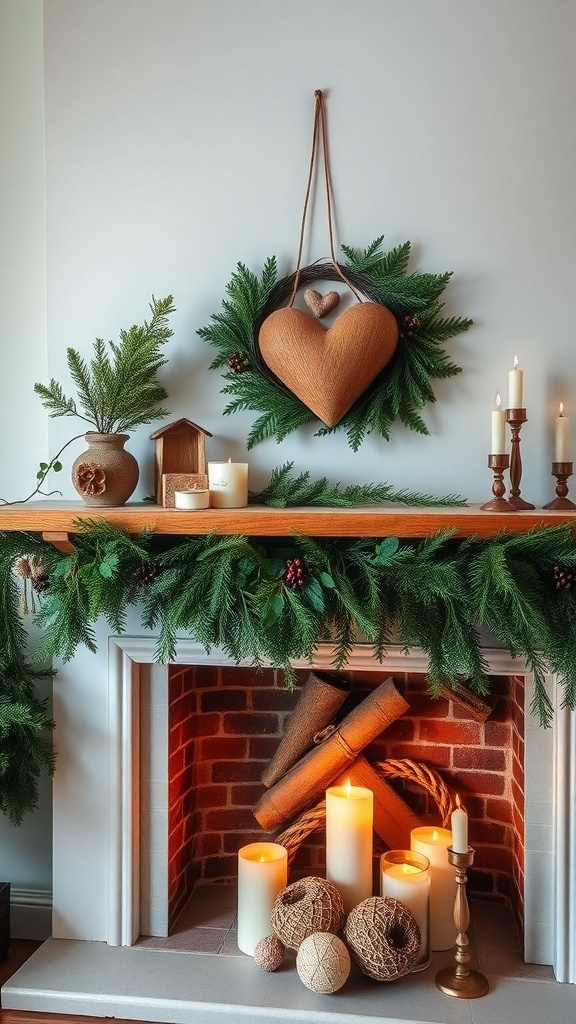 A cozy farmhouse mantel decorated for Valentine's Day with a heart wreath, greenery, candles, and rustic accents.