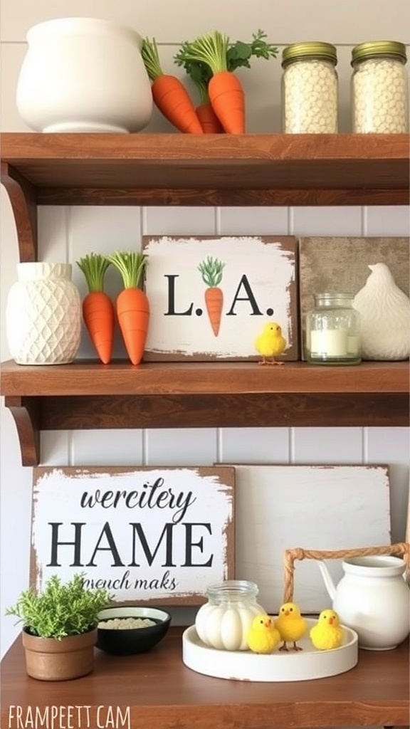 A farmhouse shelf decorated with wooden carrots, decorative signs, and small chick figurines.