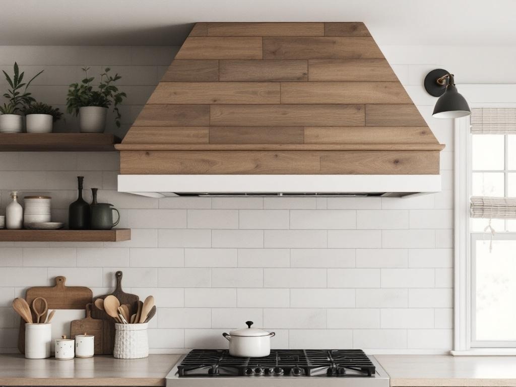 A kitchen with a farmhouse shiplap vent hood cover, featuring warm wood tones and a clean design.