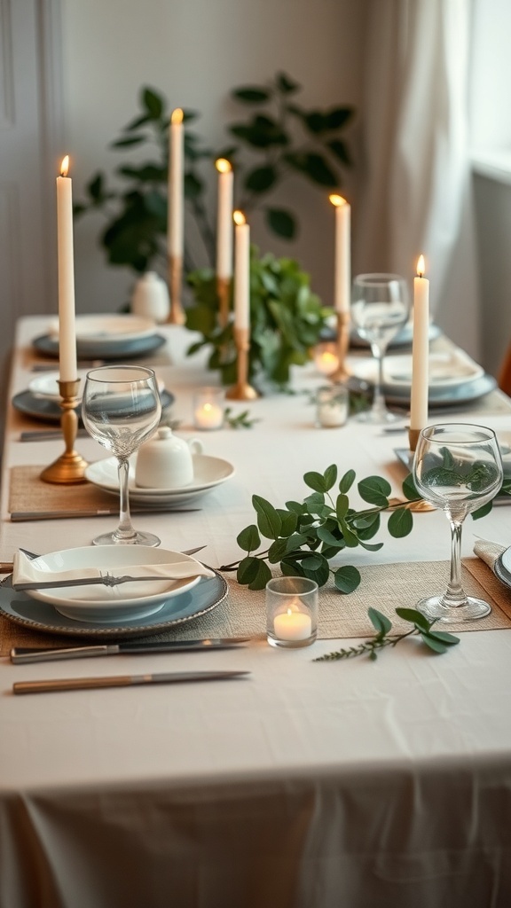 A beautifully styled farmhouse dining table with candles, greenery, and elegant tableware.