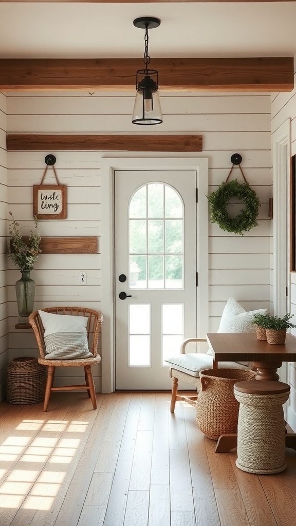 Cozy farmhouse entryway with shiplap walls, warm wood flooring, and inviting decor.