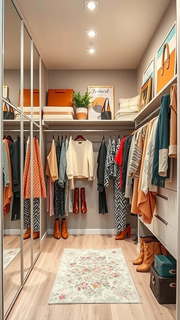 A stylish fashion closet with mirrored doors, organized clothing, and decorative elements.