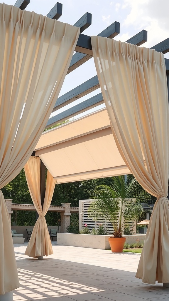 A stylish pergola with flowing curtains providing shade, creating a cozy outdoor space.