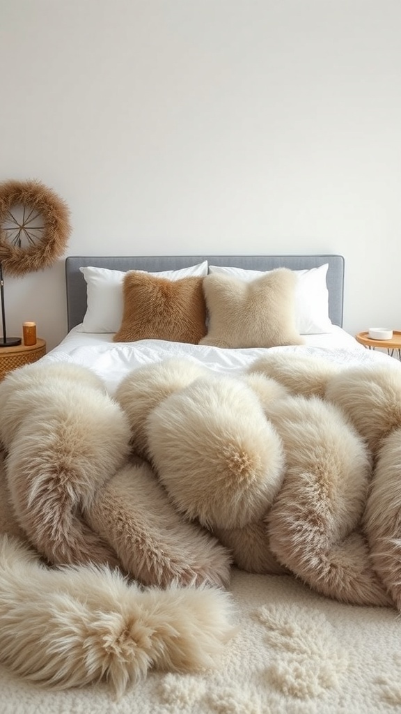 Cozy bed with faux fur blankets and pillows in soft neutral tones