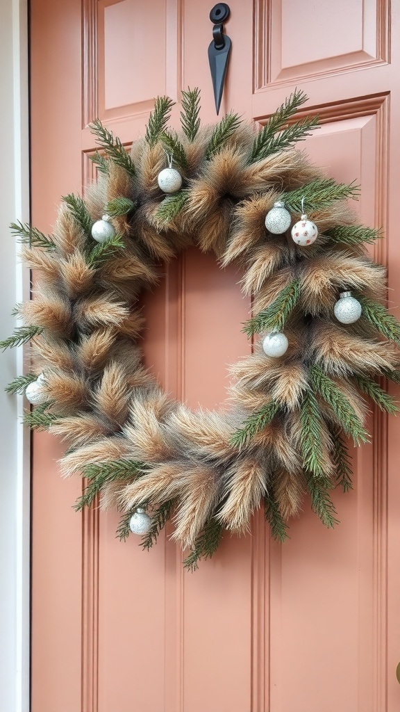 A faux fur and pine wreath hanging on a door, decorated with ornaments.